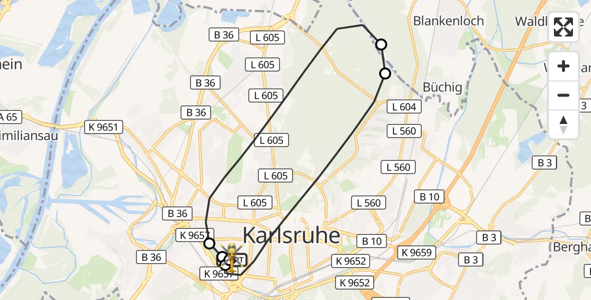 Flugroute Rettungshubschrauber Sankt Vincentius Hospital - Sankt Vincentius Hospital, 25 April 2026, 10:32