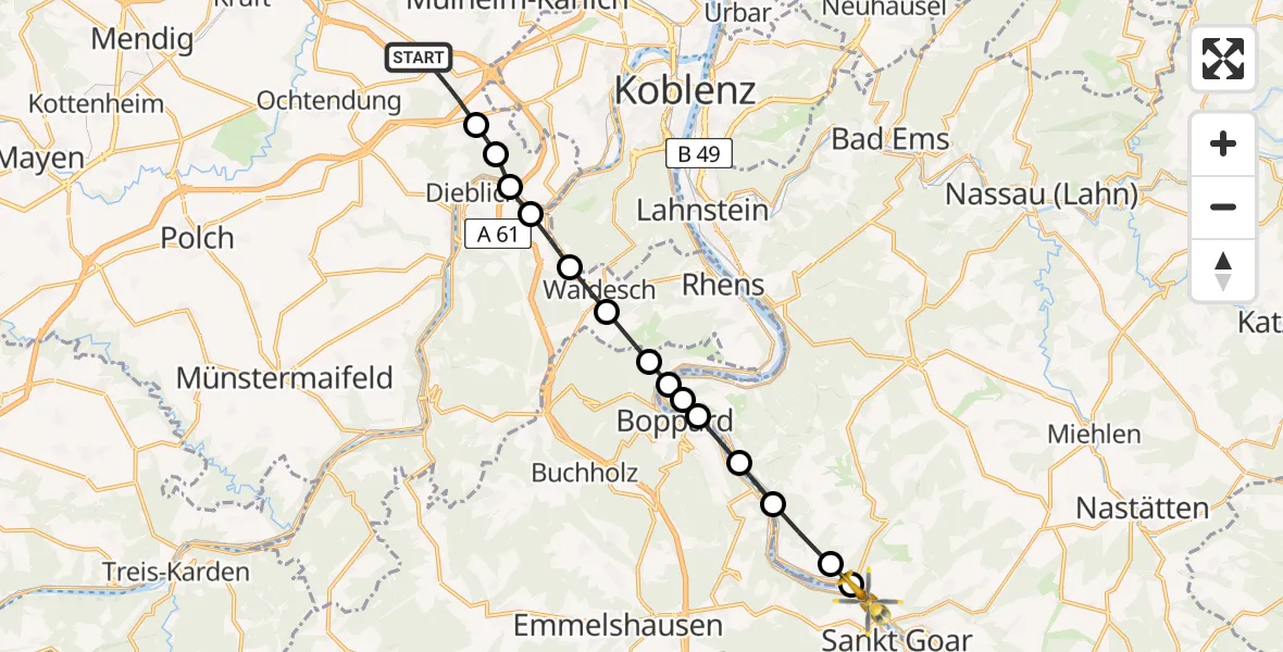 Flugroute Rettungshubschrauber Bassenheim - Sankt Goar, 25 April 2026, 10:35