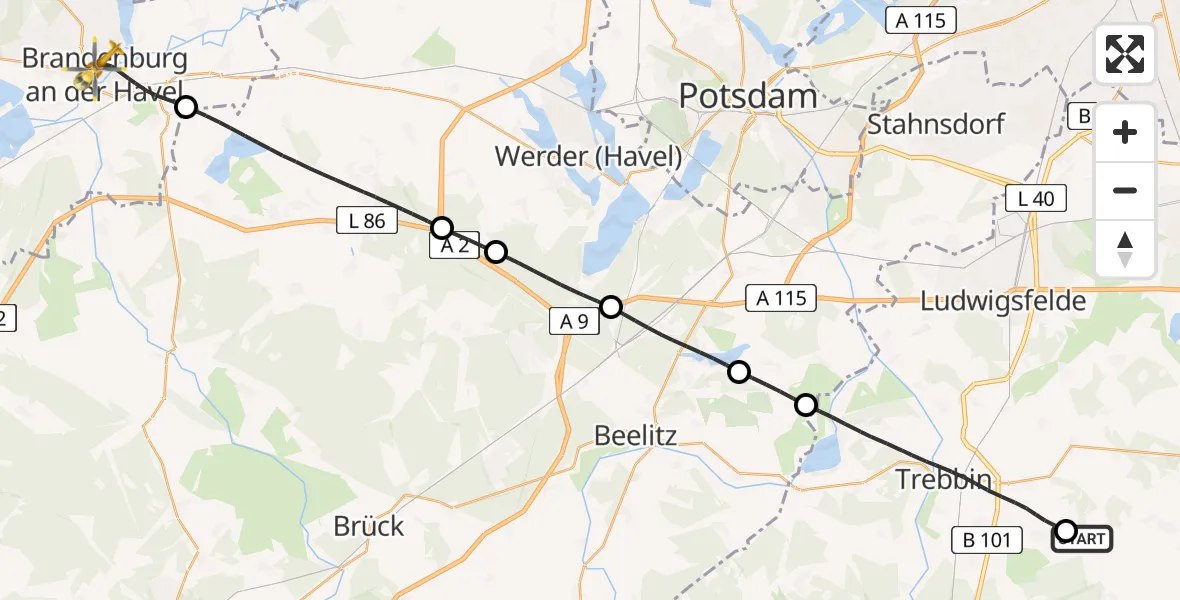 Flugroute Rettungshubschrauber Am Mellensee - Brandenburg an der Havel, 25 April 2026, 10:36