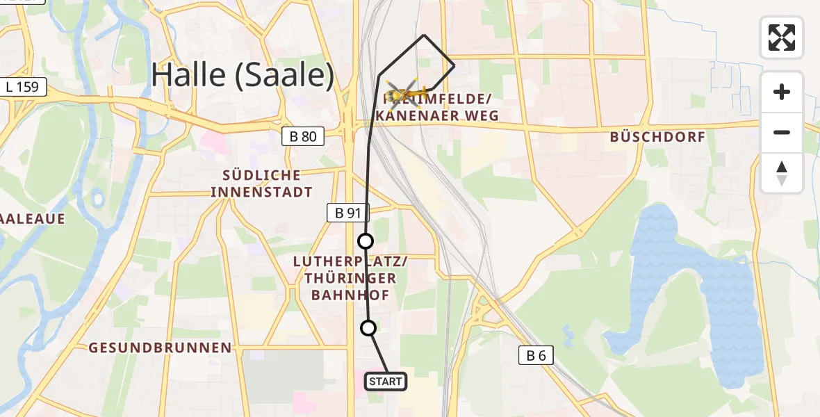 Flugroute Rettungshubschrauber BG Hospital Bergmannstrost Halle - Halle (Saale), 25 April 2026, 10:44