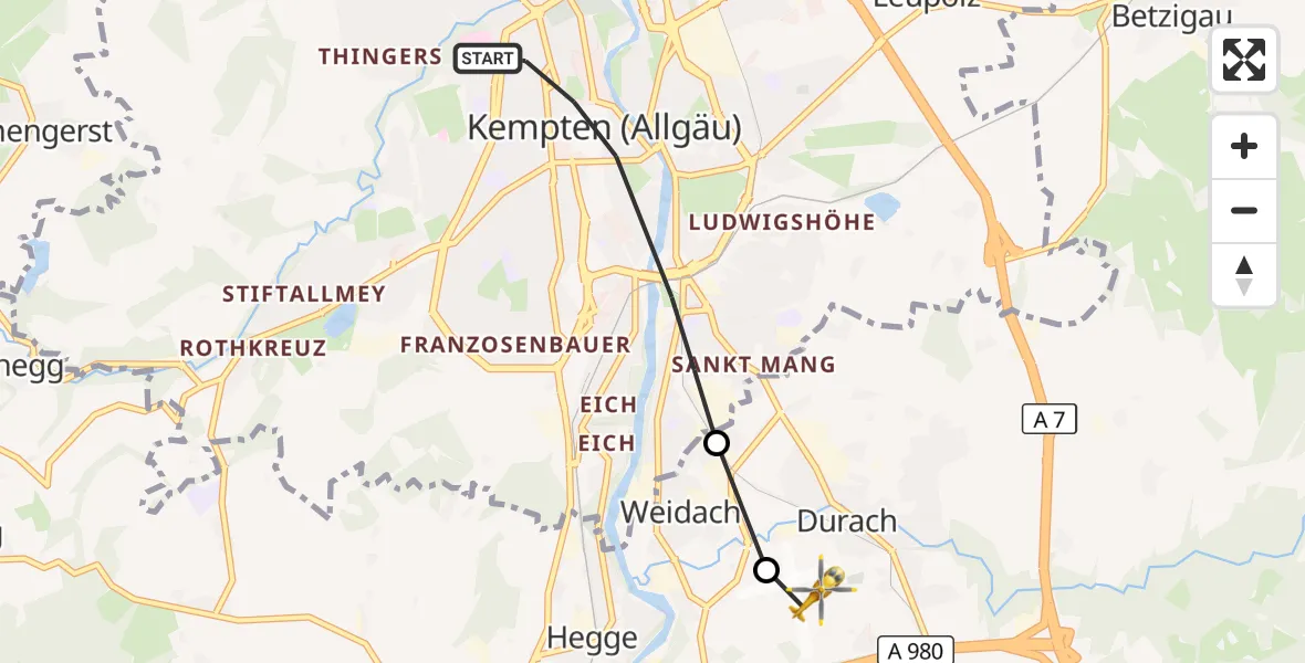 Flugroute Rettungshubschrauber Kempten (Allgäu) - Kempten-Durach Flugplatz, 25 April 2026, 10:45