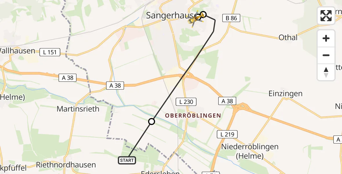 Flugroute Rettungshubschrauber Edersleben - Helios Clinic Mansfeld-Südharz, 25 April 2026, 10:50