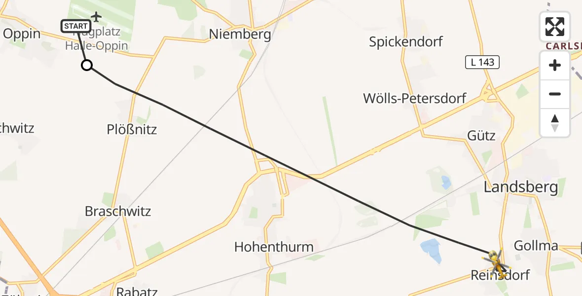 Flugroute Ambulanzhubschrauber Halle-Oppin Flugplatz - Landsberg, 25 April 2026, 10:54