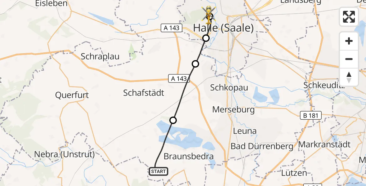 Flugroute Rettungshubschrauber Mücheln (Geiseltal) - Halle (Saale) University Hospital, 25 April 2026, 10:54
