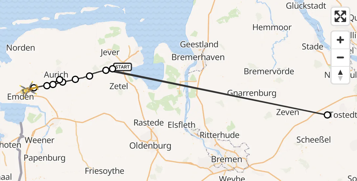 Flugroute Ambulanzhubschrauber Sande - Emden, 25 April 2026, 10:55