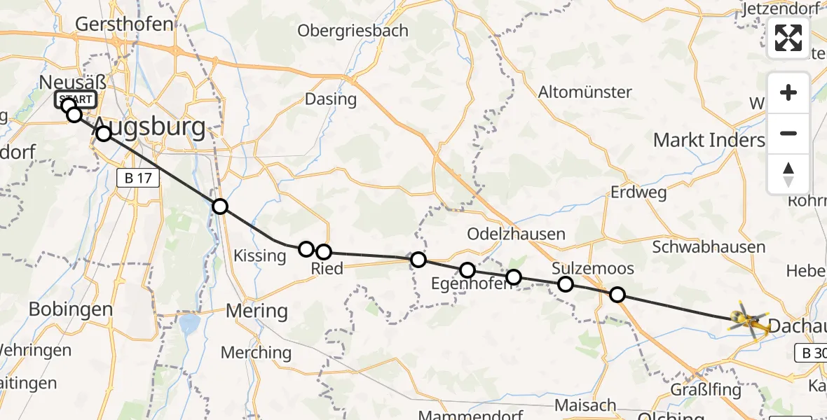 Flugroute Rettungshubschrauber Augsburg University Hospital - Bergkirchen, 25 April 2026, 10:58