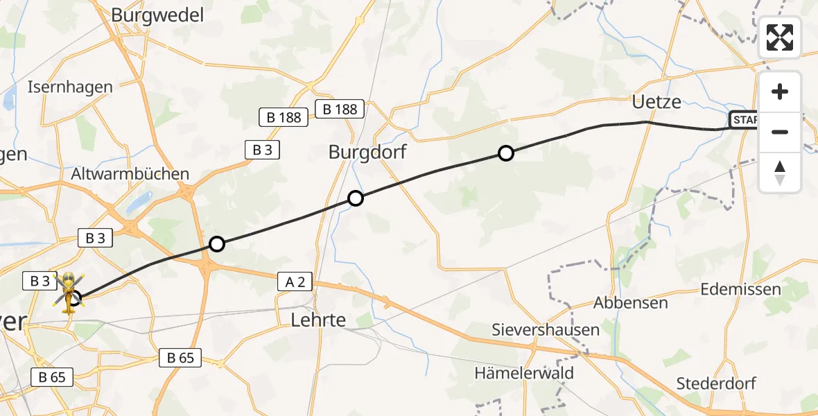 Flugroute Rettungshubschrauber Uetze - Hannover Luftrettung Hubschrauberlandeplatz (Christoph 4), 25 April 2026, 11:02