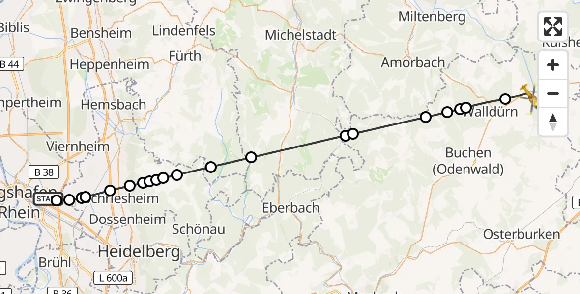 Flugroute Rettungshubschrauber Mannheim-City Flughafen - Höpfingen, 25 April 2026, 11:08