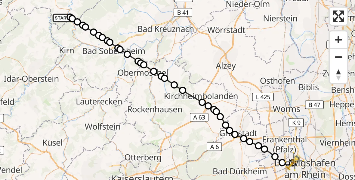 Flugroute Rettungshubschrauber Schlierschied - Ludwigshafen Accident Hospital, 25 April 2026, 11:08
