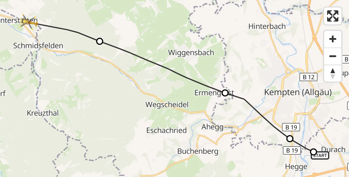 Flugroute Rettungshubschrauber Kempten-Durach Flugplatz - Leutkirch im Allgäu, 25 April 2026, 11:15