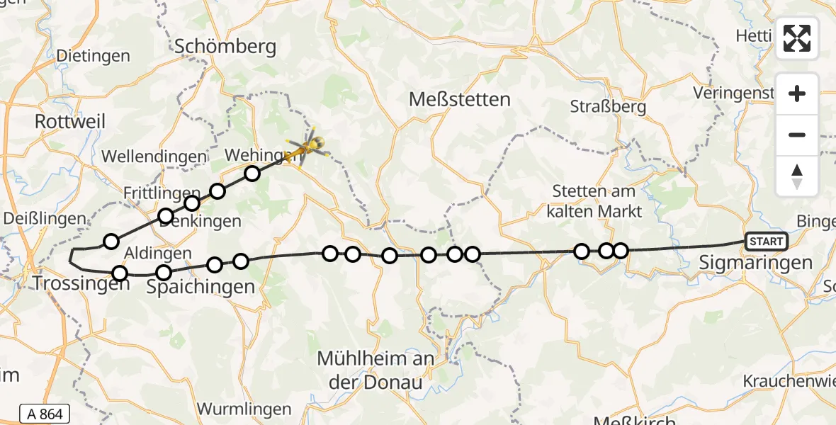 Flugroute Rettungshubschrauber Sigmaringen - Wehingen, 25 April 2026, 11:16