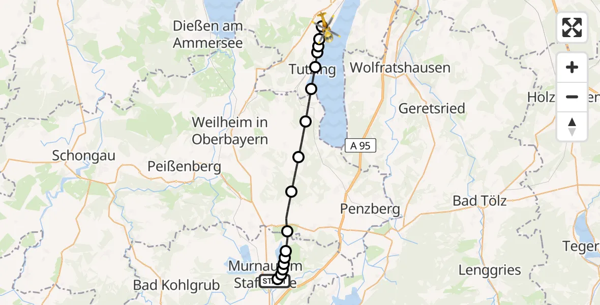Flugroute Rettungshubschrauber Murnau Accident Hospital - Pöcking, 25 April 2026, 11:23