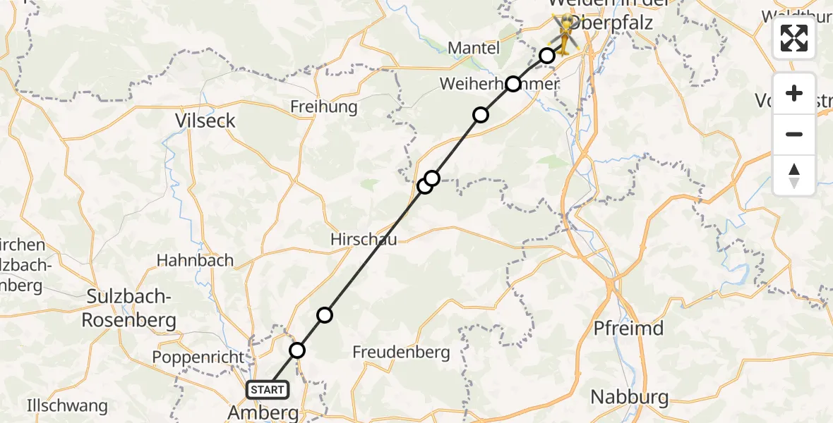 Flugroute Rettungshubschrauber Amberg - Weiden i.d.OPf., 25 April 2026, 11:24