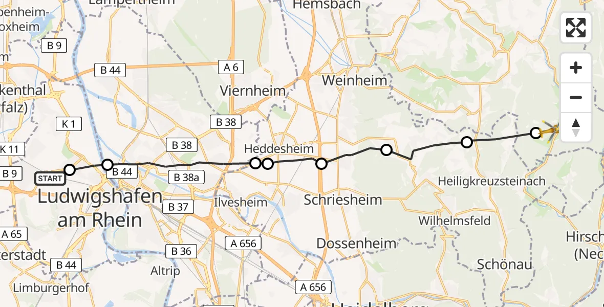 Flugroute Rettungshubschrauber Ludwigshafen Accident Hospital - Wald-Michelbach, 25 April 2026, 11:25