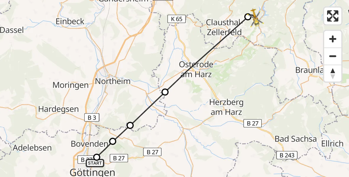 Flugroute Rettungshubschrauber Göttingen University Clinic Hubschrauberlandeplatz - Harz (Landkreis Goslar), 25 April 2026, 11:27