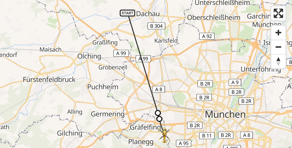 Flugroute Rettungshubschrauber Bergkirchen - DRF Air Rescue München Hubschrauberlandeplatz, 25 April 2026, 11:34
