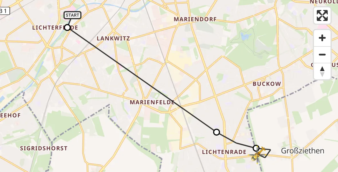 Flugroute Rettungshubschrauber Charité Clinic Benjamin Franklin Campus - Schönefeld, 25 April 2026, 11:38