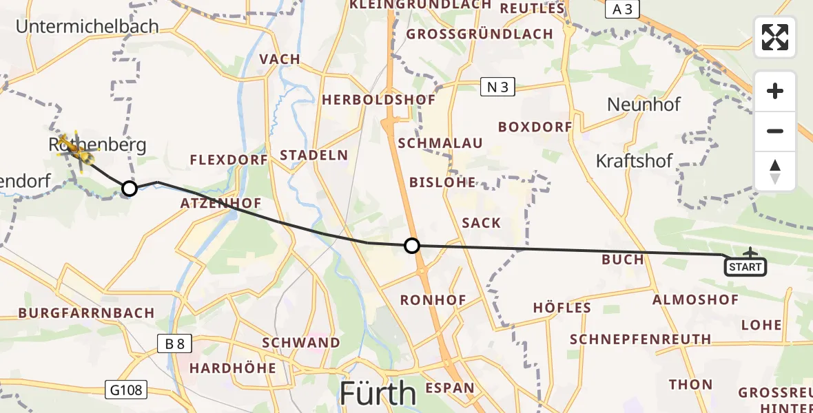 Flugroute Ambulanzhubschrauber Flughafen Nuremberg - Obermichelbach, 25 April 2026, 11:38