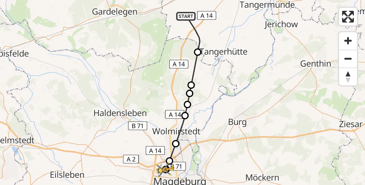 Flugroute Rettungshubschrauber Tangerhütte - Magdeburg Hospital, 25 April 2026, 11:40