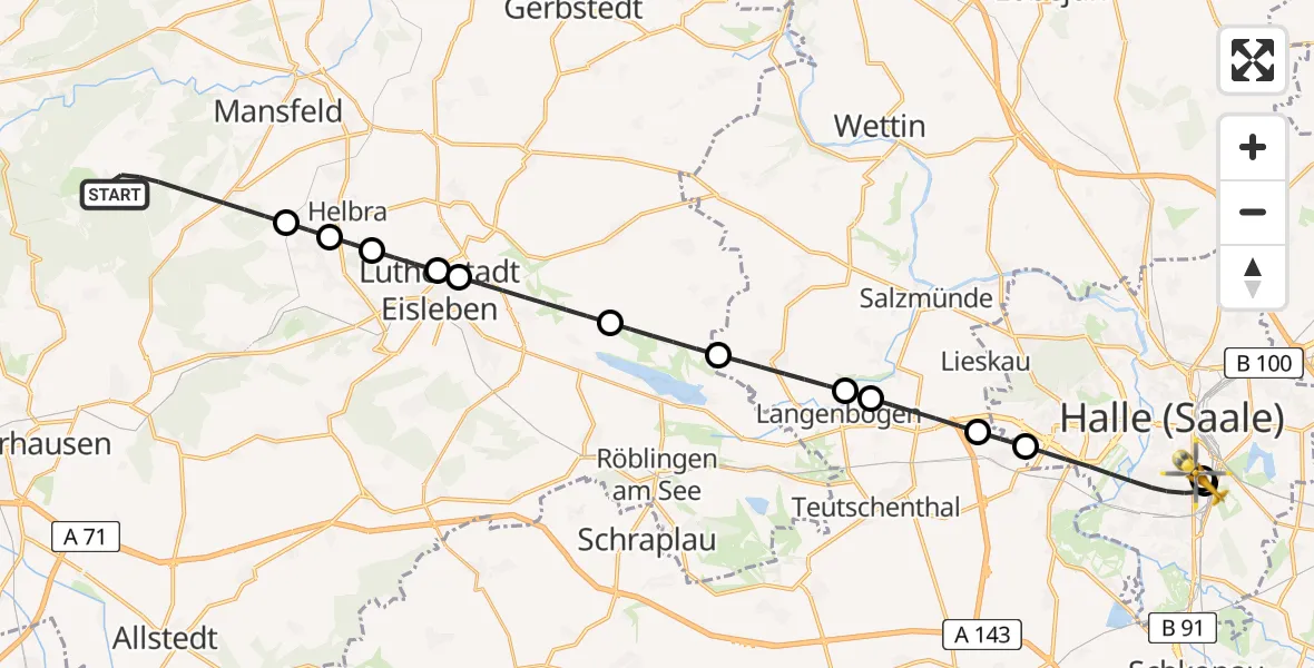 Flugroute Rettungshubschrauber Mansfeld - BG Hospital Bergmannstrost Halle, 25 April 2026, 11:46