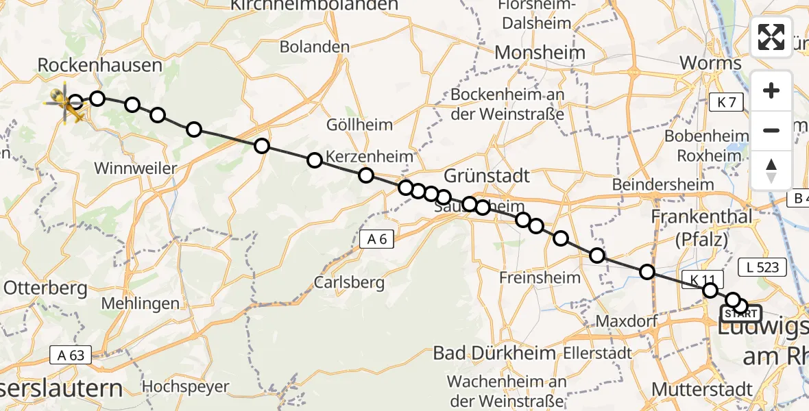Flugroute Rettungshubschrauber Ludwigshafen Accident Hospital - Imsweiler UL, 25 April 2026, 11:48