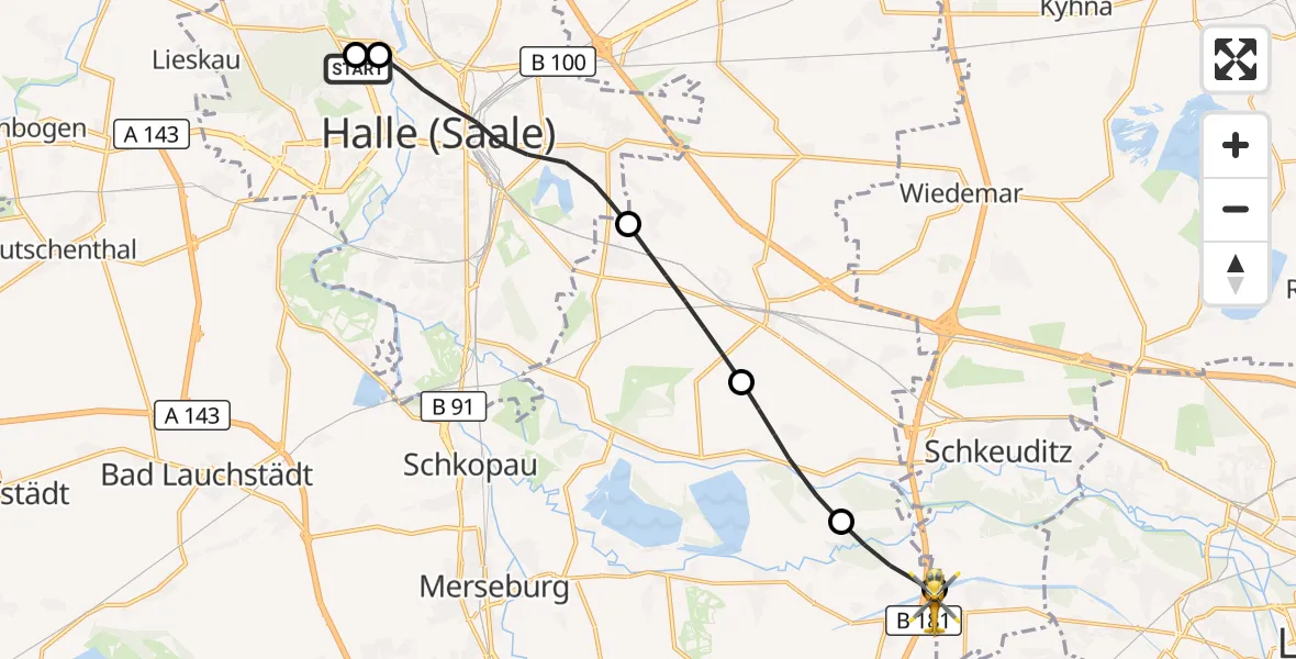 Flugroute Rettungshubschrauber Halle (Saale) University Hospital - ADAC Air Rescue Station Leipzig/Schkeuditz-Dölzig Hubschrauberlandeplatz (Christoph 61), 25 April 2026, 11:50