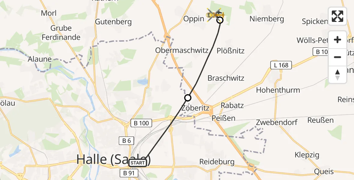 Flugroute Rettungshubschrauber Halle (Saale) - Halle-Oppin Flugplatz, 25 April 2026, 11:53