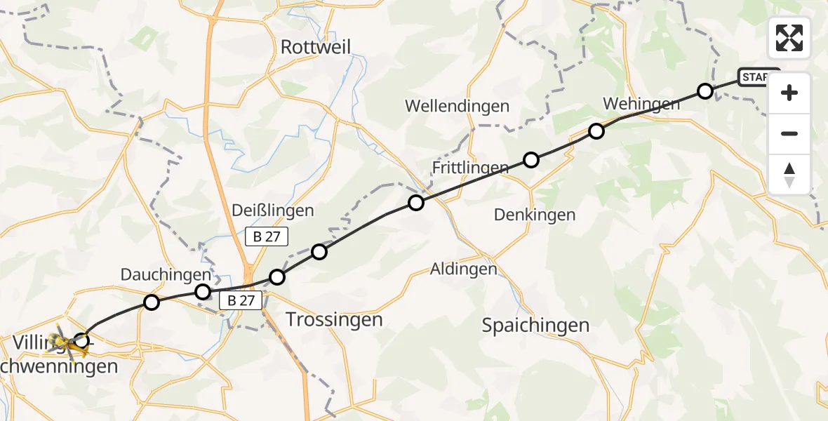 Flugroute Rettungshubschrauber Obernheim - DRF Air Rescue Station Villingen-Schwenningen Hubschrauberlandeplatz (Christoph 11), 25 April 2026, 12:03