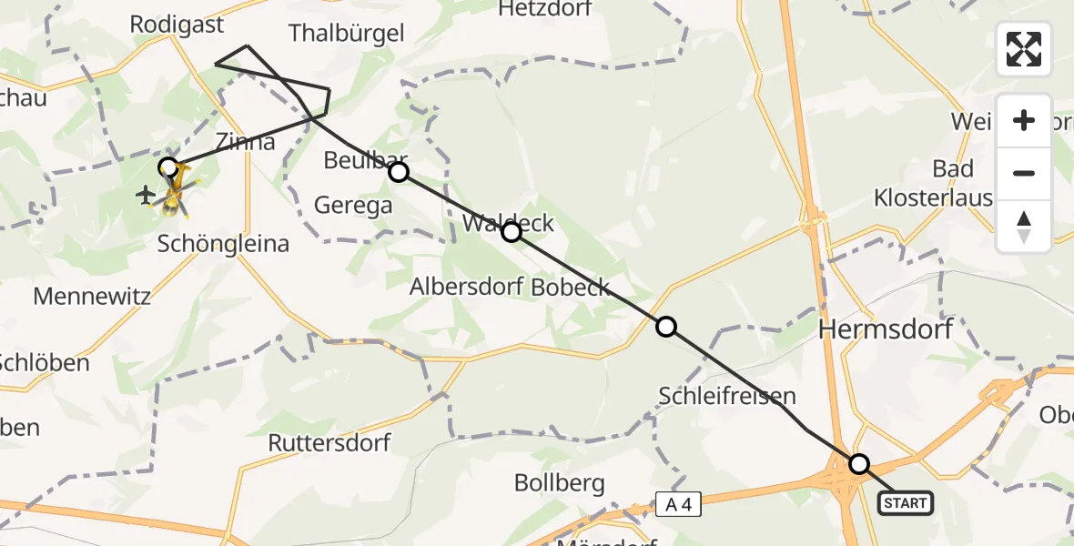 Flugroute Rettungshubschrauber Hermsdorf - Jena-Schöngleina Flugplatz, 25 April 2026, 12:03