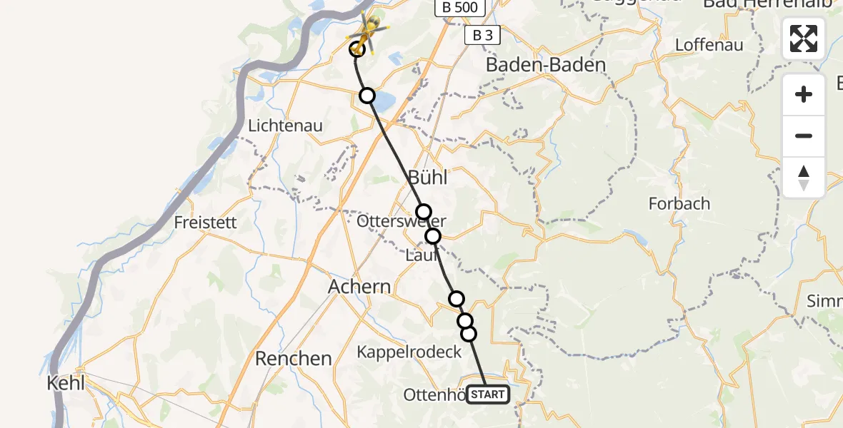 Flugroute Rettungshubschrauber Ottenhöfen im Schwarzwald - Karlsruhe Baden-Baden Flughafen, 25 April 2026, 12:03