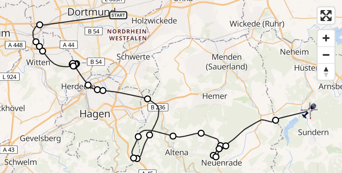 Flugroute Polizeihubschrauber Dortmund - Sundern (Sauerland), 25 April 2026, 12:17