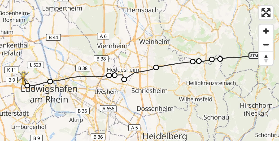 Flugroute Rettungshubschrauber Wald-Michelbach - Ludwigshafen am Rhein, 25 April 2026, 12:18