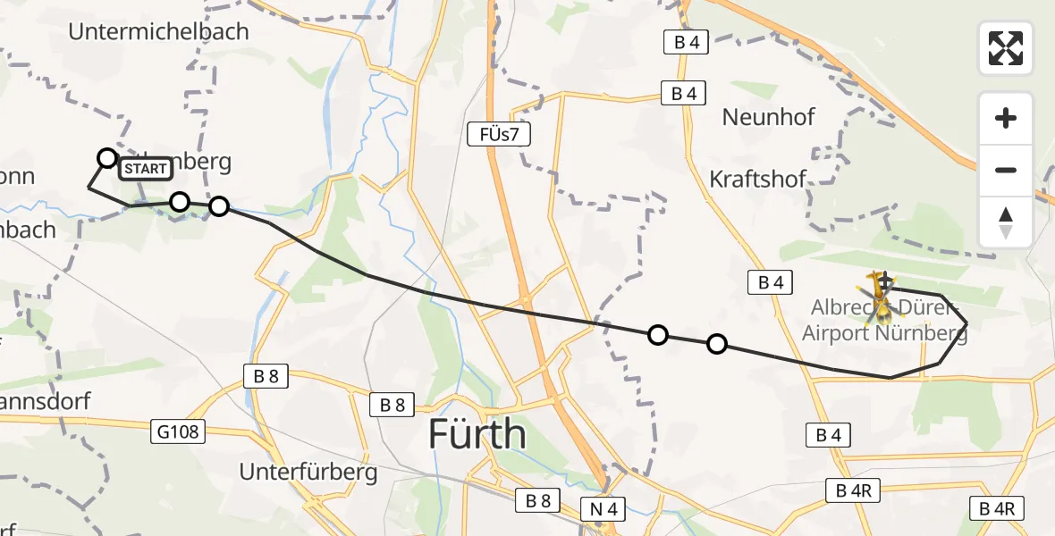 Flugroute Ambulanzhubschrauber Obermichelbach - Flughafen Nuremberg, 25 April 2026, 12:22