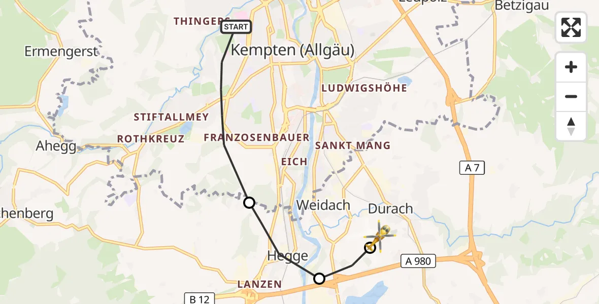 Flugroute Rettungshubschrauber Kempten (Allgäu) - Kempten-Durach Flugplatz, 25 April 2026, 12:22
