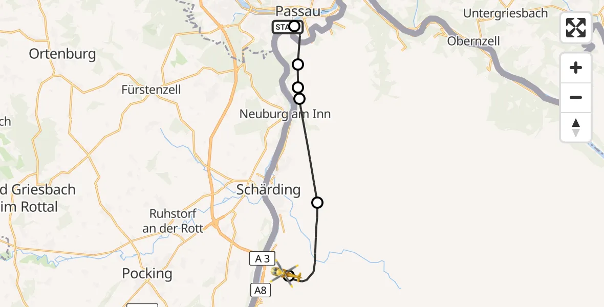 Flugroute Rettungshubschrauber Passau Klinik Hubschrauberlandeplatz - Europa 3 Heliport, 25 April 2026, 12:23