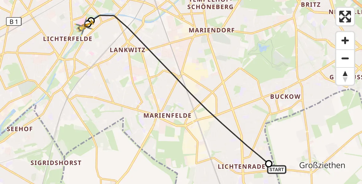 Flugroute Rettungshubschrauber Schönefeld - Charité Clinic Benjamin Franklin Campus, 25 April 2026, 12:29