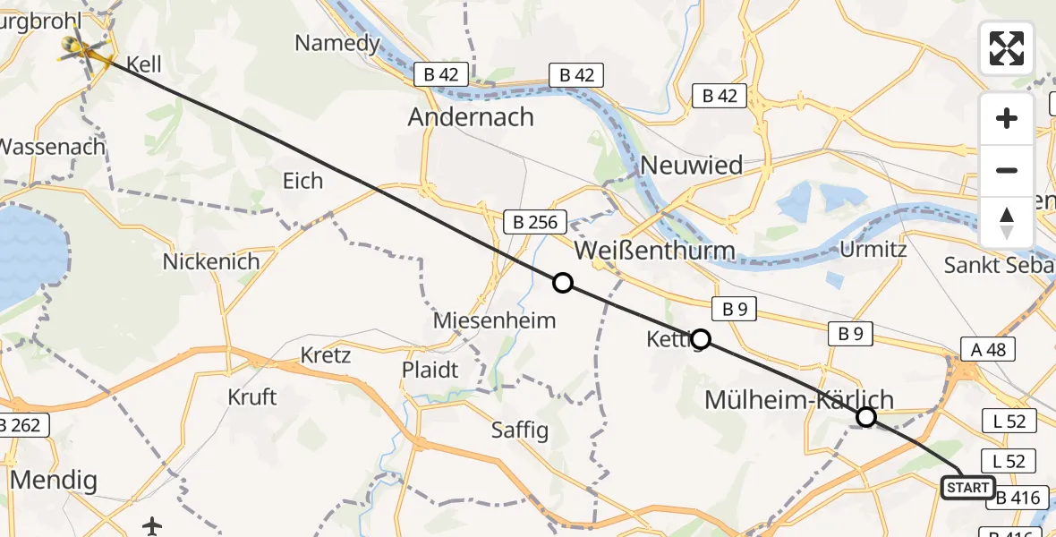 Flugroute Rettungshubschrauber Koblenz - Andernach, 25 April 2026, 12:33