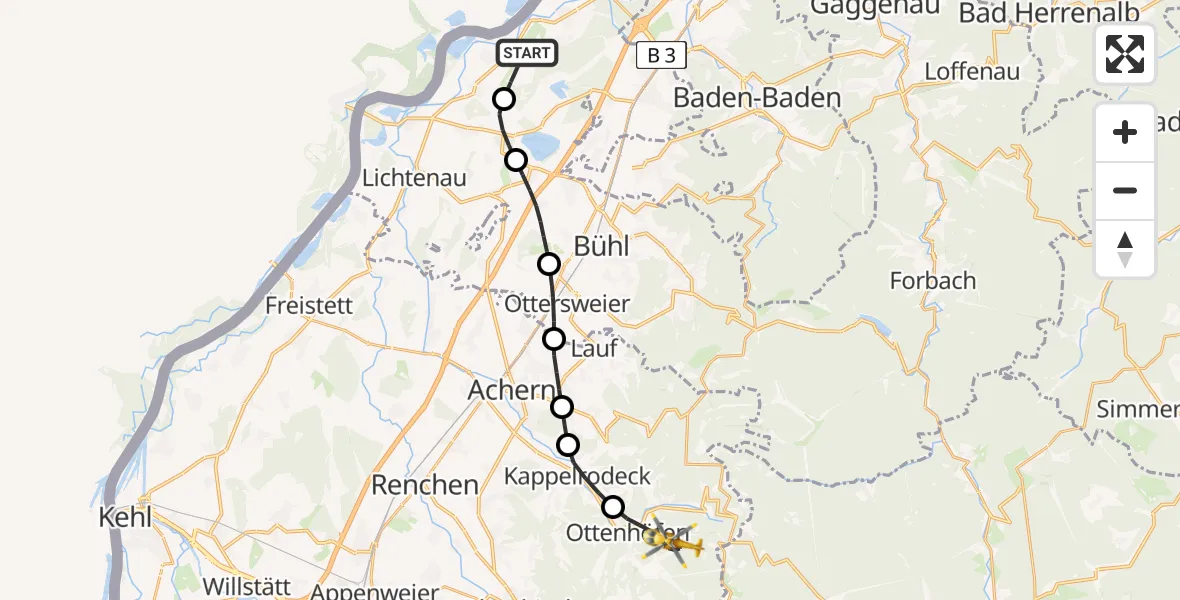 Flugroute Rettungshubschrauber Karlsruhe Baden-Baden Flughafen - Ottenhöfen im Schwarzwald, 25 April 2026, 12:40