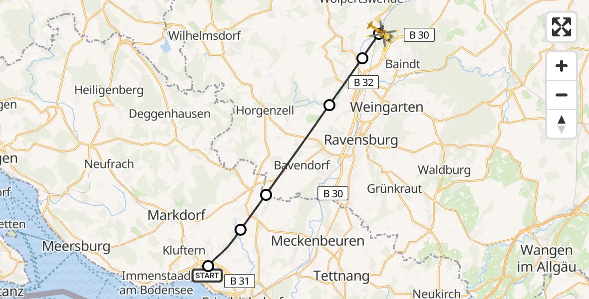 Flugroute Rettungshubschrauber Friedrichshafen Hospital - Wolpertswende, 25 April 2026, 12:45