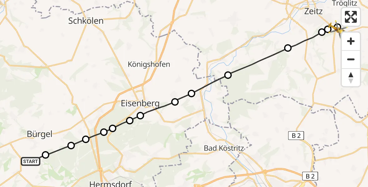 Flugroute Rettungshubschrauber Bürgel - Zeitz Krankenhaus Hubschrauberlandeplatz, 25 April 2026, 12:50