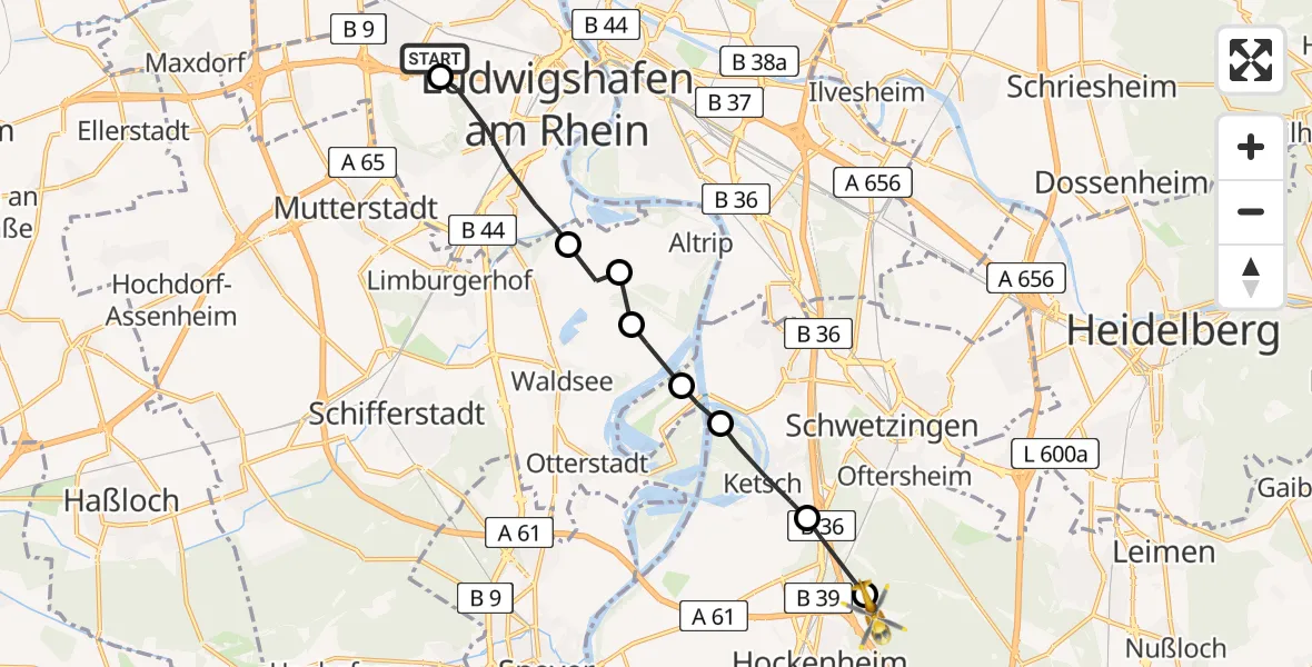 Flugroute Rettungshubschrauber Ludwigshafen Accident Hospital - Hockenheim, 25 April 2026, 12:53