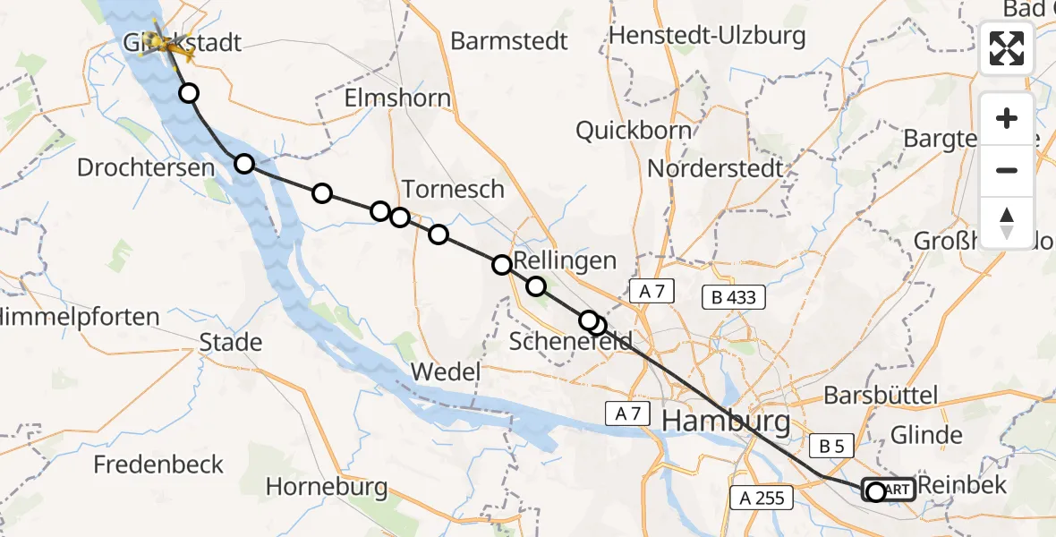Flugroute Ambulanzhubschrauber Christoph Hansa ADAC Hubschrauberlandeplatz - Glückstadt, 25 April 2026, 12:55