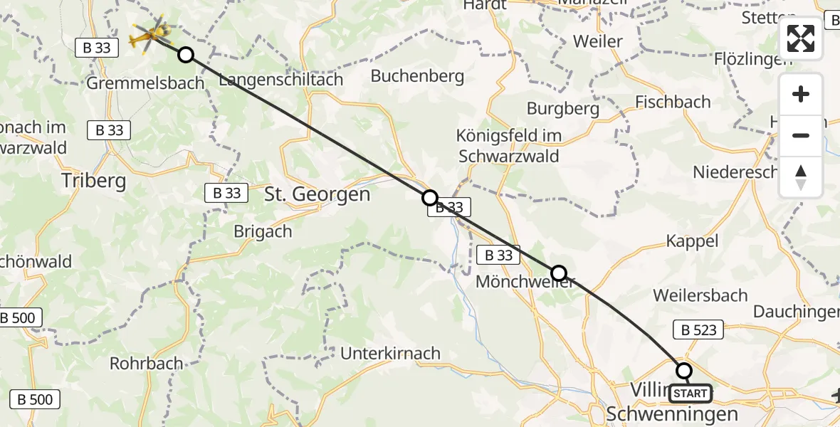 Flugroute Rettungshubschrauber DRF Air Rescue Station Villingen-Schwenningen Hubschrauberlandeplatz (Christoph 11) - Triberg im Schwarzwald, 25 April 2026, 13:06