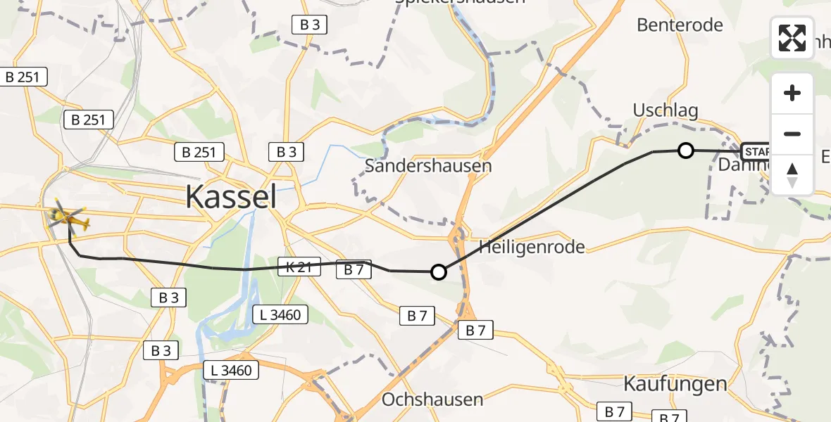 Flugroute Rettungshubschrauber Staufenberg - Kassel, 25 April 2026, 13:10
