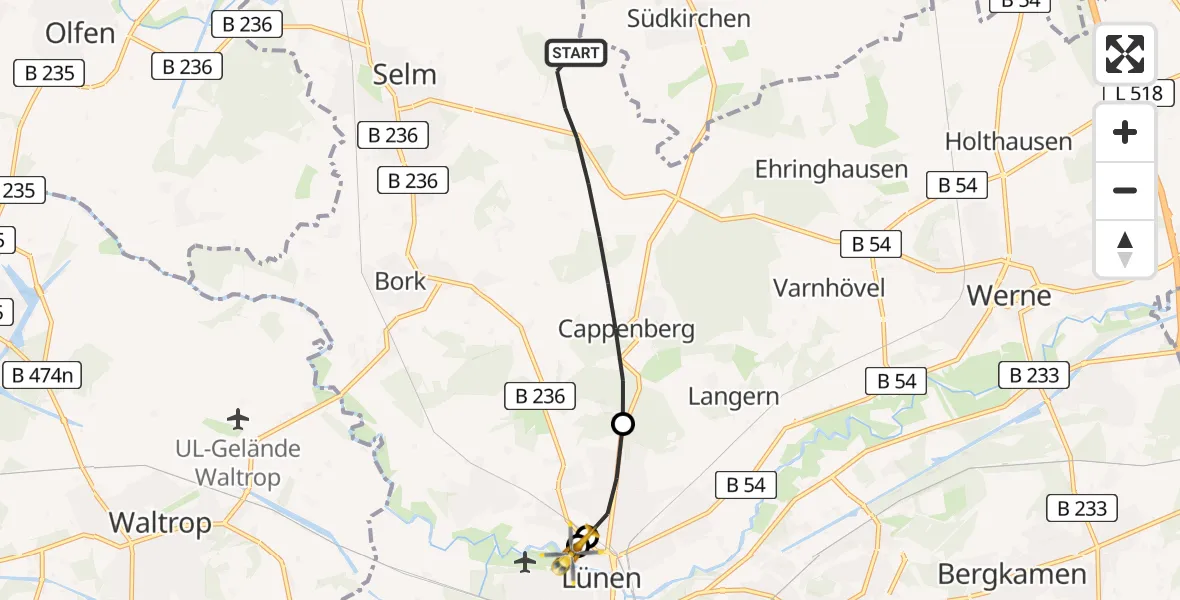 Flugroute Rettungshubschrauber Selm - Sankt Marien Hospital, 25 April 2026, 13:11