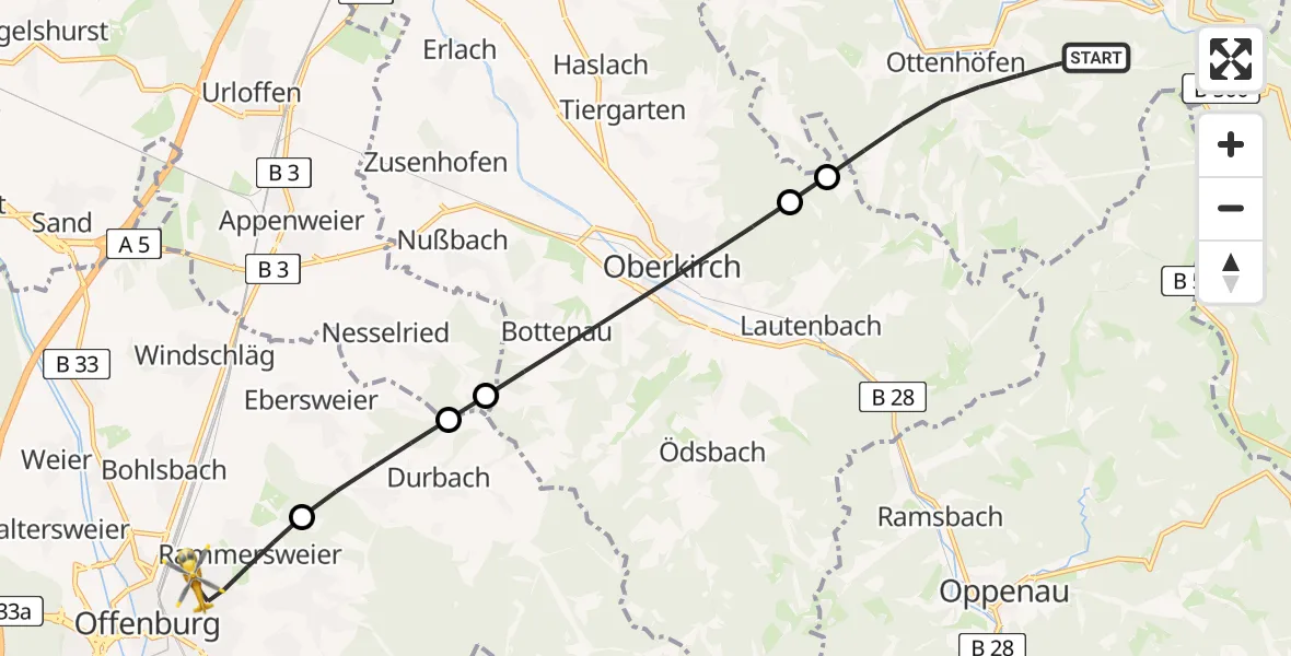 Flugroute Rettungshubschrauber Ottenhöfen im Schwarzwald - Offenburg, 25 April 2026, 13:13