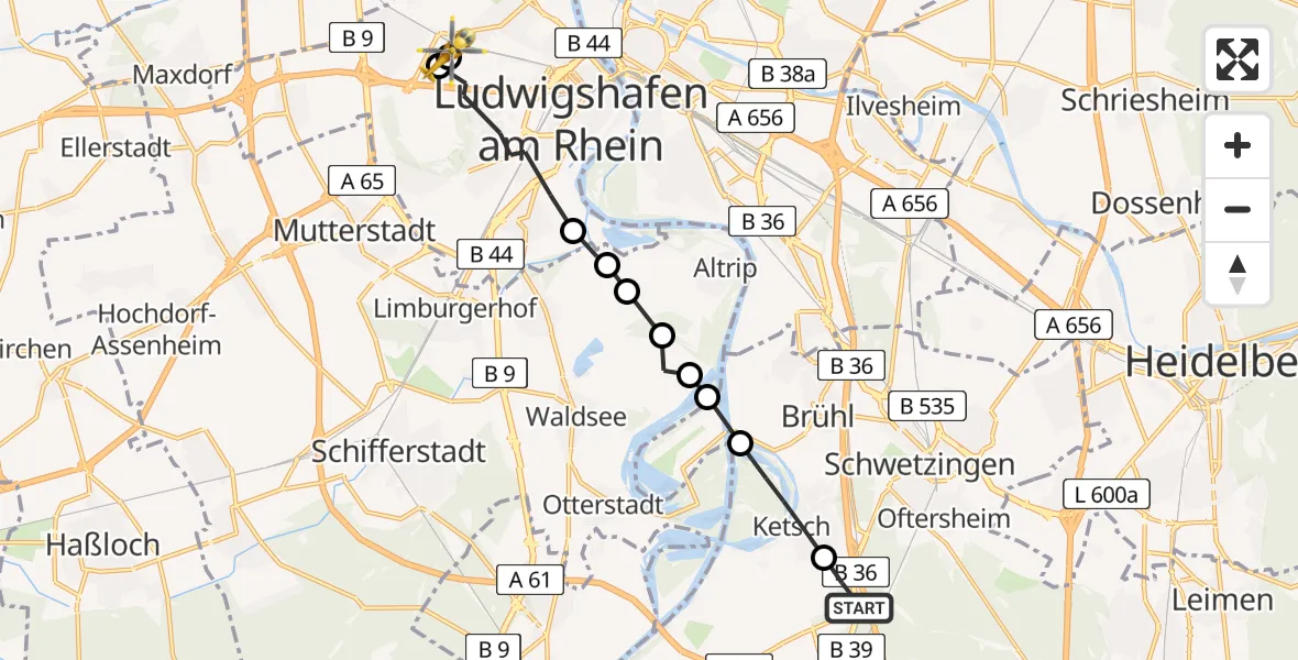 Flugroute Rettungshubschrauber Schwetzingen - Ludwigshafen Accident Hospital, 25 April 2026, 13:14