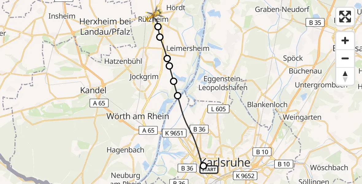 Flugroute Rettungshubschrauber Sankt Vincentius Hospital - Rülzheim, 25 April 2026, 13:17