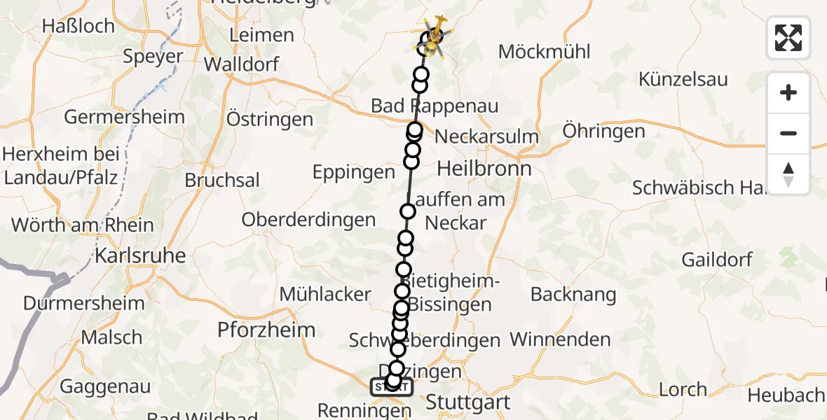 Flugroute Rettungshubschrauber Leonberg Hospital - Mosbach, 25 April 2026, 13:22