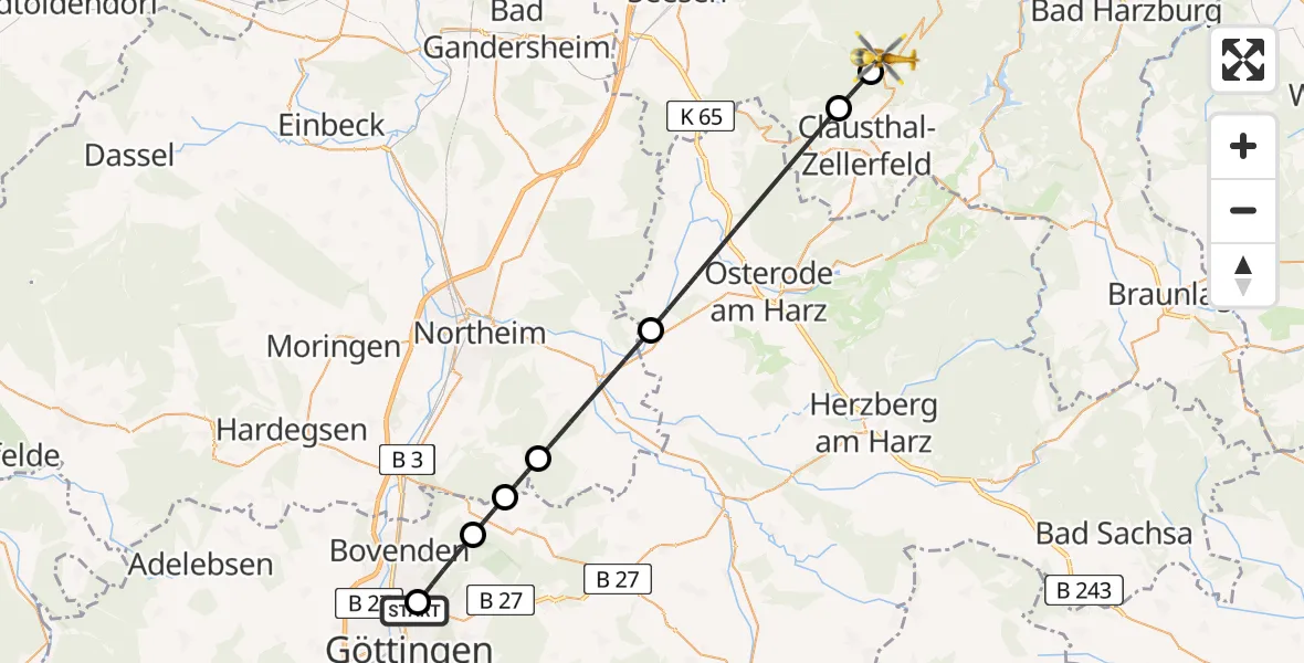 Flugroute Rettungshubschrauber Göttingen University Clinic Hubschrauberlandeplatz - Goslar, 25 April 2026, 13:23